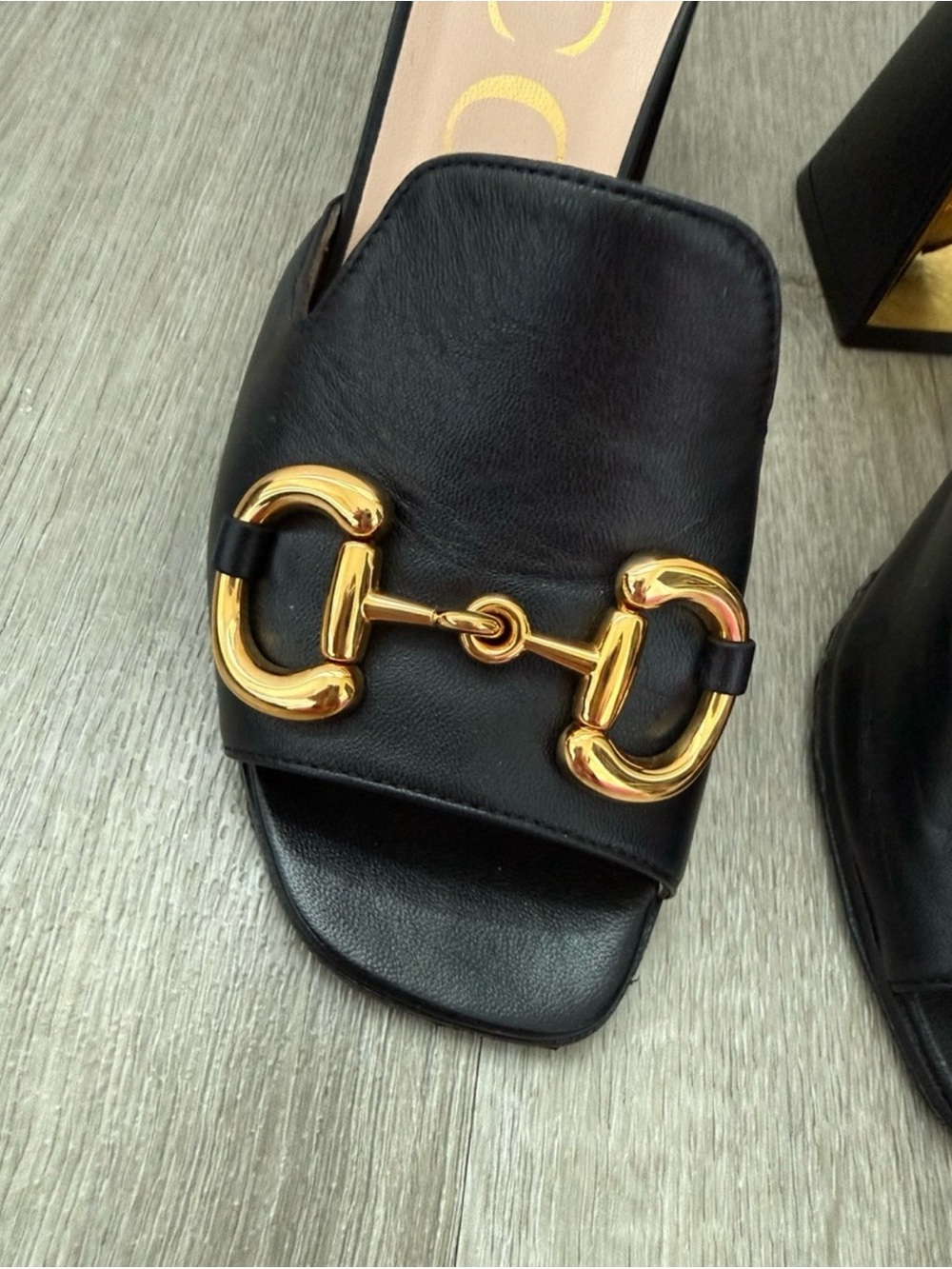 Gucci Black Leather Heel Sandal with Gold Horsebit - Picture 3 of 9